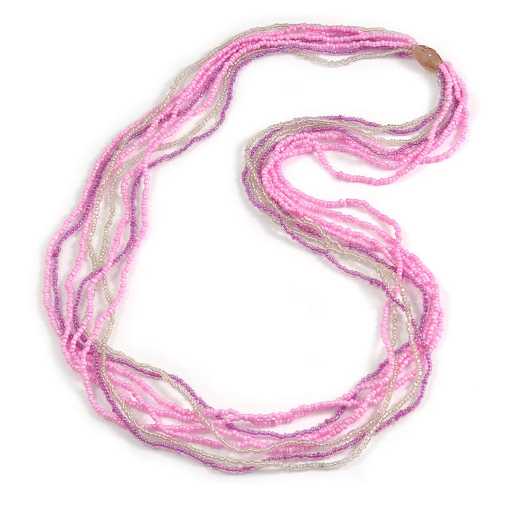 Avalaya Long Multistrand Transparent/Pink Glass Bead Necklace/ 86cm L