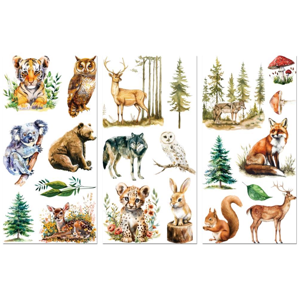Peacoblue Rub on Transfer Decals for Furniture Crafts 6"x12", 3Pcs Animals and Forest Waterproof UV DTF Transfer Decals Sticker for Dresser Lingerie Chests Drawer Glass Porcelain Wood