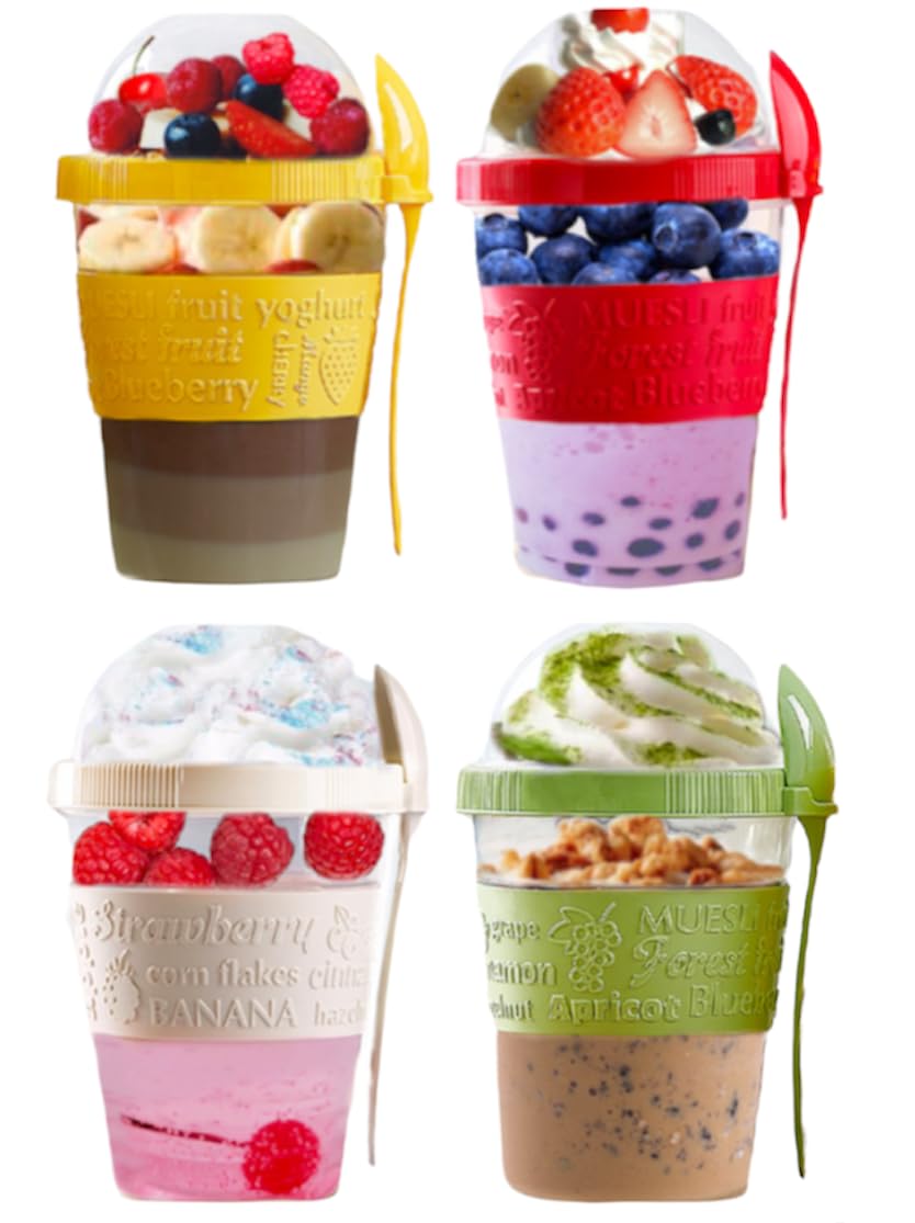 4All Reusable Yogurt Pots 600ml With Spoon Cereal Storage Containers With Lid Airtight Overnight Oats Jar BPA Free Breakfast Cup Cereal On The Go Dishwasher Safe Pack of 4
