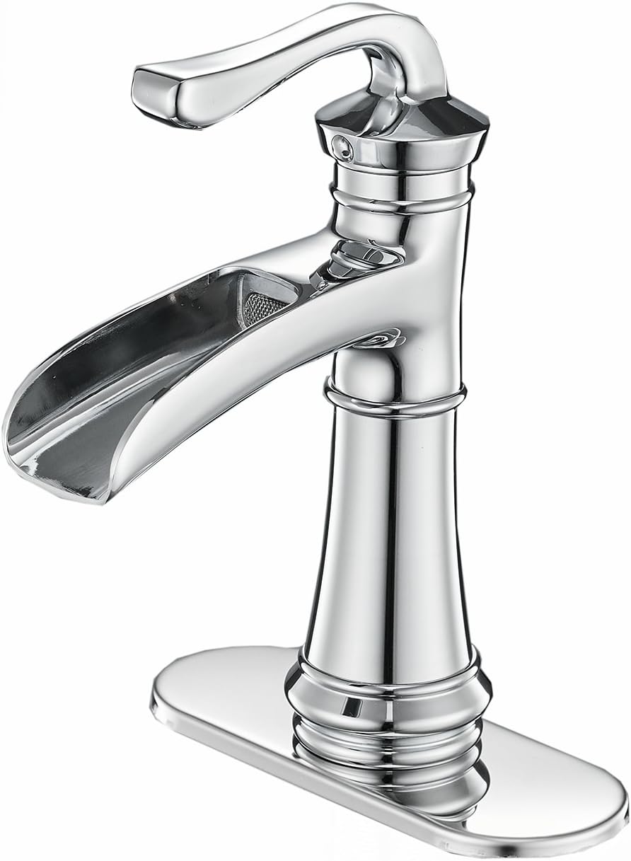 BWE Waterfall Bathroom Faucet Single Hole Chrome Bathroom Sink Faucet with Supply Line Single Handle Vanity Bath Faucets Deck Mount Lead-Free
