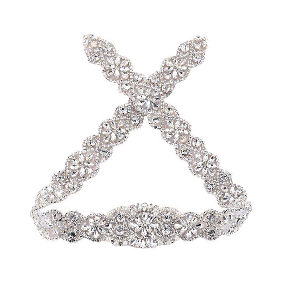 Photo 1 of 29.7Inch Crystal Beaded Rhinestone Wedding Dress Sash Applique Sew on Hot Fix Iron on for Bridal Bridesmaid Gown Womens Prom Formal Belt with Jeweled Sequin Diamond Embellishment Bride - Silver