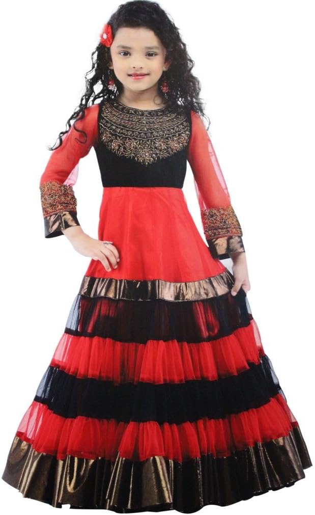 Vasundhara Designer Girl's Red & Black Long Gown, Indian Clothing