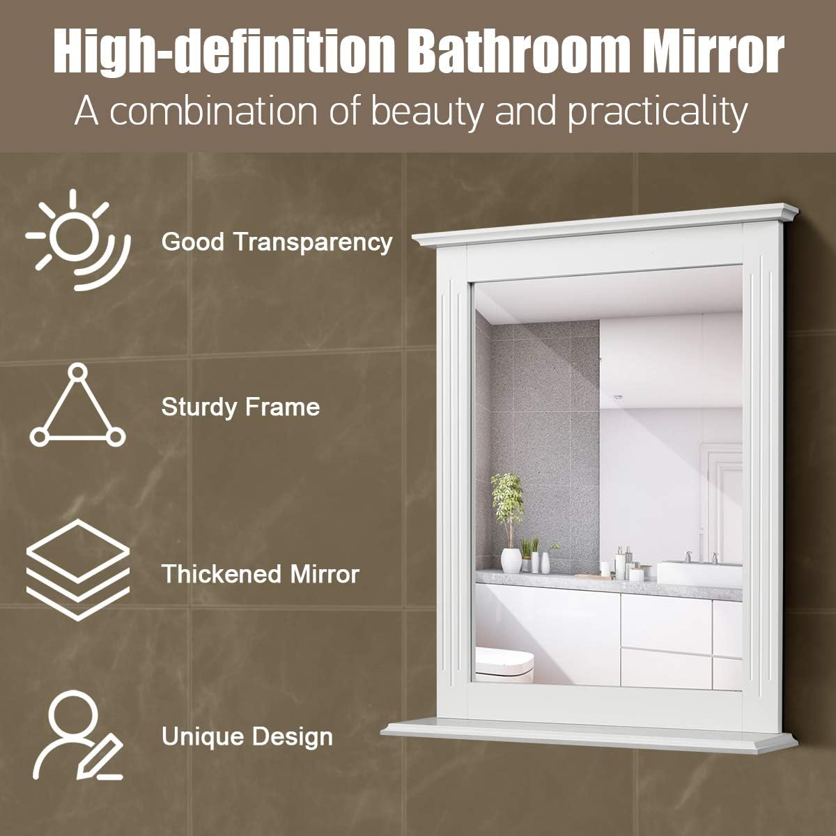 Tangkula Bathroom Wall Mirror with Shelf, Square Makeup Mirror Wall Hanging Mirror, Vanity Mirror for Dressing Room Washroom Bedroom, Modern Concise Wall Mounted Mirror (White): Furniture & Decor