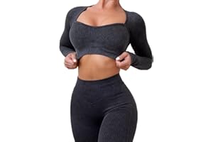 ABOCIW Workout Sets for Women Seamless Ribbed Sweetheart Neck Long Sleeve Crop Top Scrunch Butt High Wasit Legging Sets