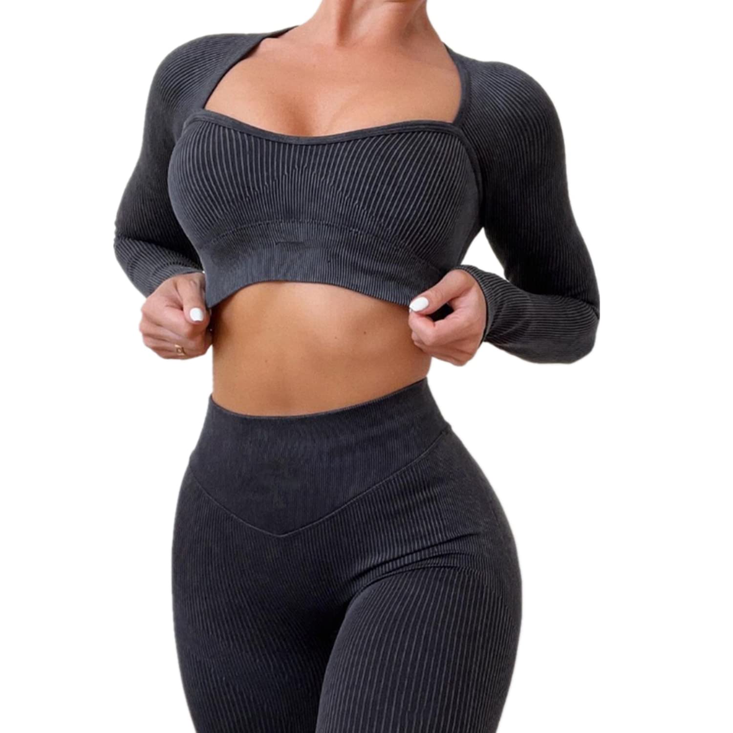 Photo 1 of ABOCIW Workout Sets for Women 2 Piece Seamless Ribbed Sweetheart Neck Long Sleeve Crop Top Tummy Control Butt Litffing High Wasit Legging Sets #1 Black Large