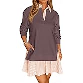 Wenrine Womens Oversized Sweatshirt Dress Casual Long Sleeve Collared V Neck Patchwork Loose Mini Dresses