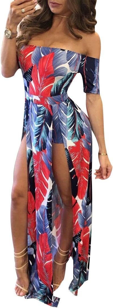 WorkTd Womens Off Shoulder Palm Leaves Multicolor Split Print Jumpsuit Maxi Dress Red S