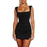 SHESEEWORLD Women's Sexy Summer Sleeveless Tie Waist Back Square Neck Backless Slit Hem Ruched Bodycon Mini Tank Dress