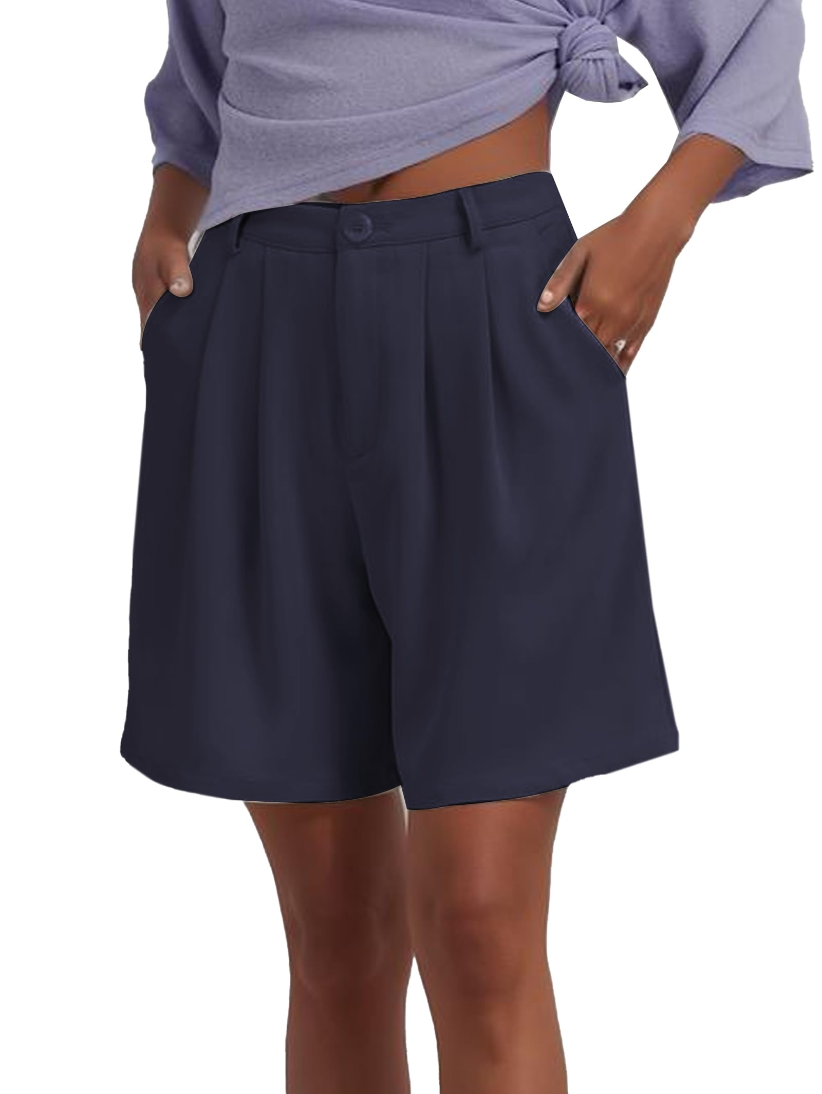 Photo 1 of Famulily Bermuda Shorts for Women Elegant High Waist Pleated Straight Leg Summer Shorts Navy XL