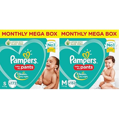 Pampers New Diapers Pants Monthly Box Pack, Small (172 Count) & Pampers New Diapers Pants Monthly Box Pack, Medium (152 Count)