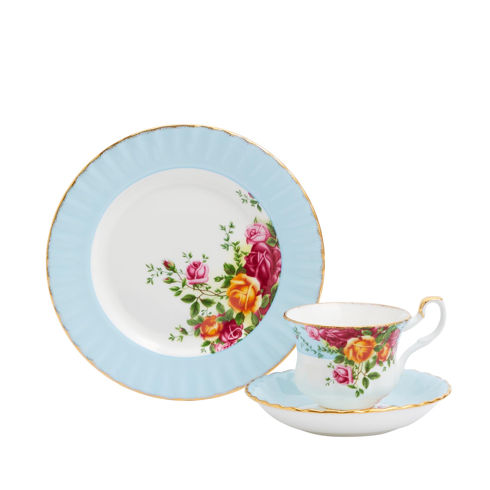 Royal Albert Teaware & Coffee Sets, Bone China, Old Country Rose Teacup Saucer Plate, Aqua, 3pcs
