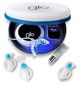 GLO Brilliant Deluxe Teeth Whitening Device Kit with Patented Blue LED Light & Heat Accelerator for Fast, Pain-Free, Long Lasting Results. Clinically Proven. Includes 10 GLO Gel Vials+ Lip Care