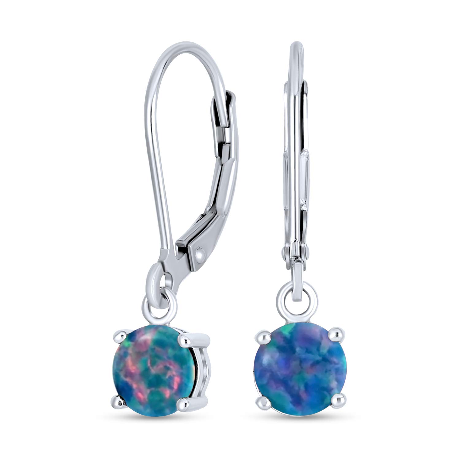 Simple Round Solitaire Black Created Opal Lever back Drop Dangle Earrings For Women .925 Sterling Silver — image 1