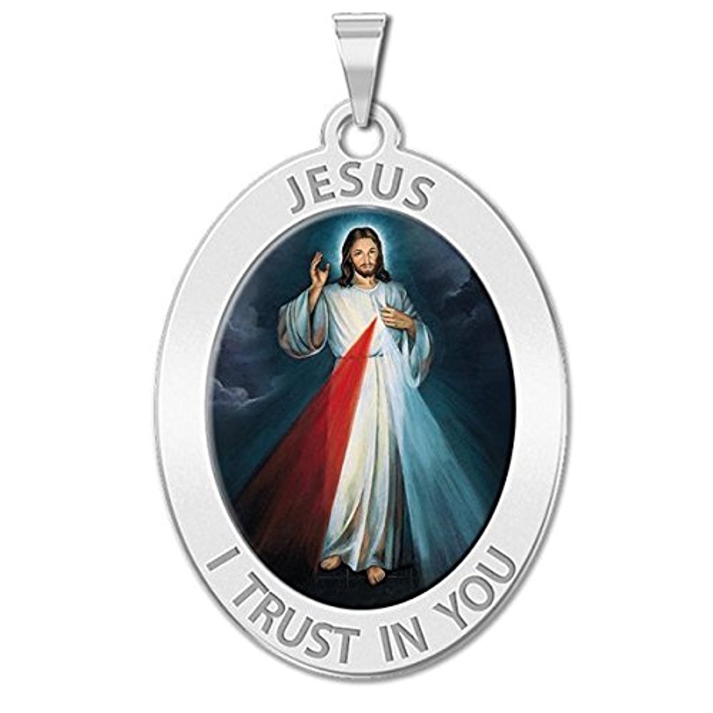 PicturesOnGold.comDivine Mercy Oval Religious Medal, Available in Sterling Silver and Solid 10K or 14K Gold