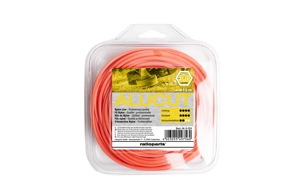 Ratio Parts Nylon Line 3.0 mm Aluminium Hex Cut 15 m Grass Trimmer Wire, String Trimmer Spool, Red