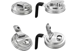 WVD 4 Pcs Mason Jar Lids with Straw Hole, Stainless Steel Wide Mouth Mason Jar Pour Spout Lid Regular Mouth with Handle, Sala
