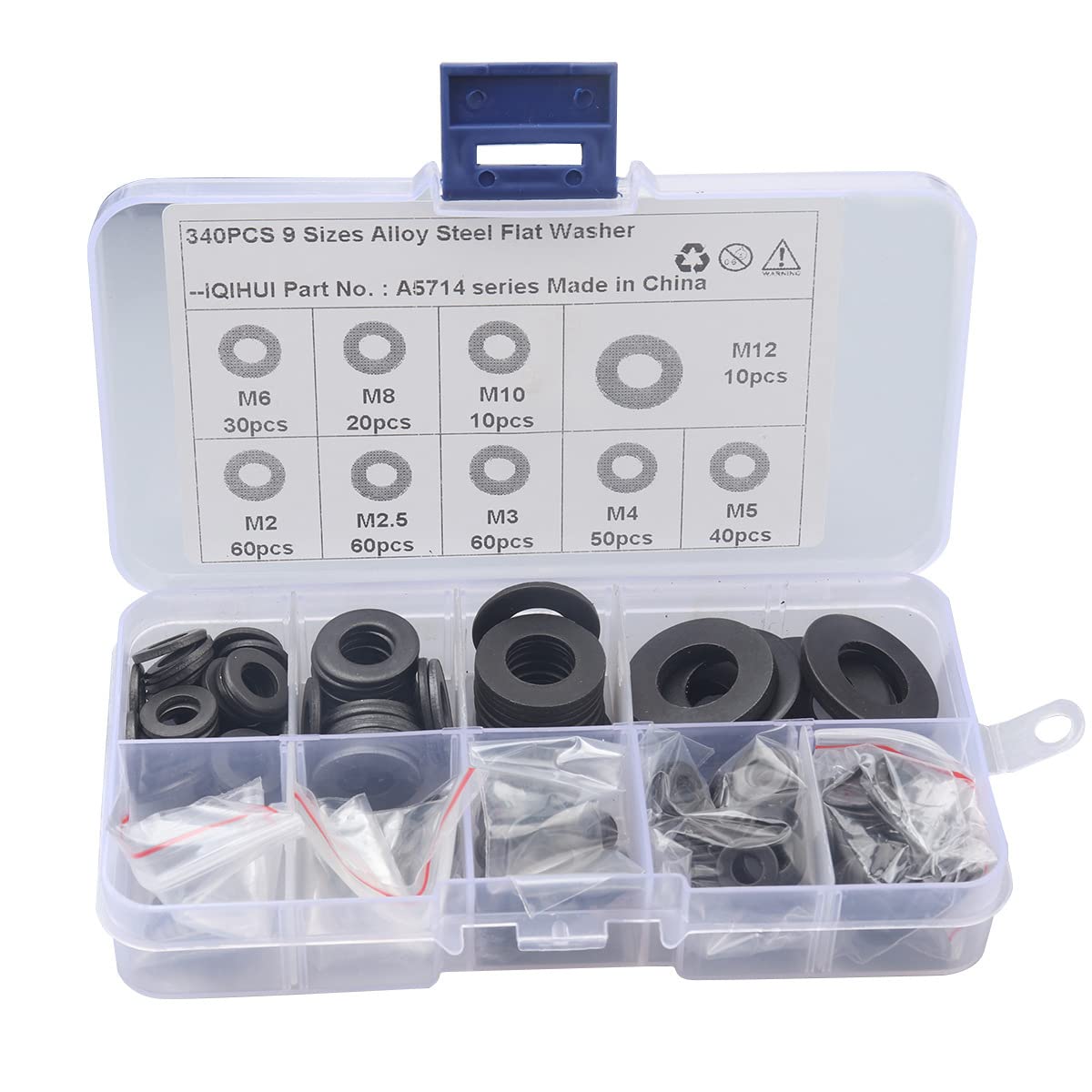 340 PCS Flat Washers Set Round 8.8 Grade Carbon Steel Flat Gaskets 9 Sizes M2 M2.5 M3 M4 M5 M6 M8 M10 M12 Ring Gasket Plain Washer Kit Screw Fastener Hardware Assortment Accessories Black