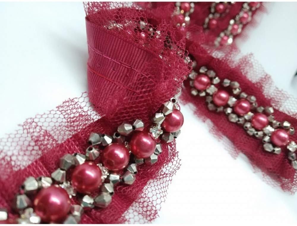 50 cm Leather Trimmings Jewel Pearl Rhinestone Detailing Pleated Tulle Base Gross Grain High 4 cm - Bordeaux