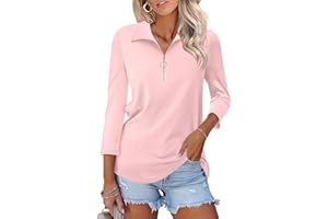 TICTICMISS Women's 3/4 Sleeve Tops V Neck T Shirts Zipper Solid/Color Block Collared Polo Shirts