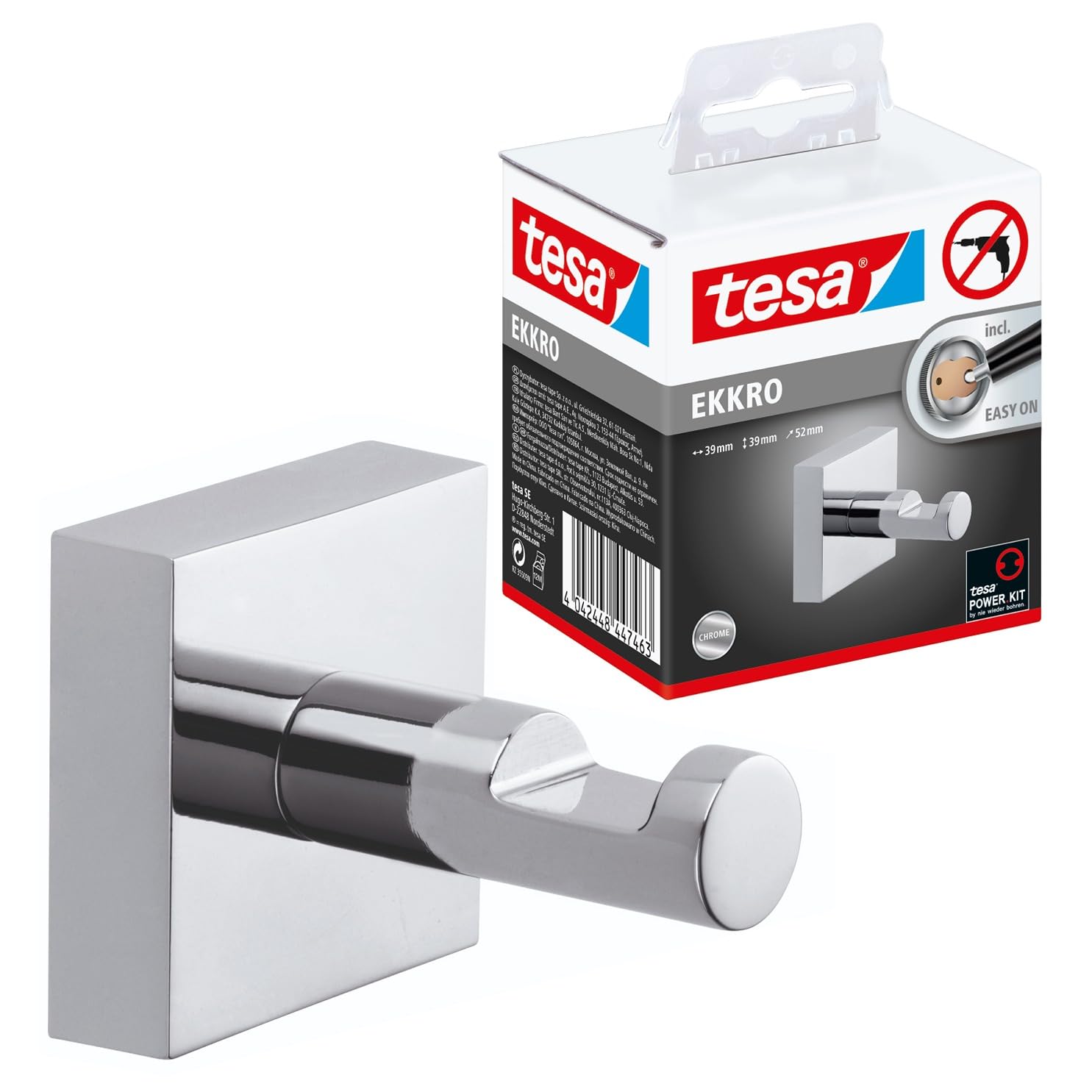 tesa® Ekkro towel hook, high gloss chromed metal, self-adhesive, adhesive mounting technology, 39mm x 39mm x 52mm