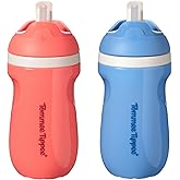 Tommee Tippee Insulated Sporty Spill-Proof Straw Cup, 12 Months+, 9oz, Toddler Training Sippy Cup, Sporty Carry Handle, Bite Resistant Spout, Flip Lid Keeps Straw Clean, Pack of 2, Blue and Red