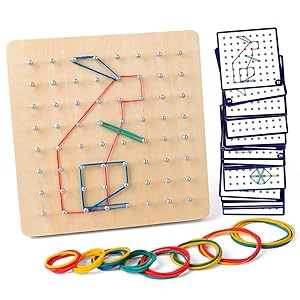 Coogam Wooden Geoboard Mathematical Manipulative Material Array Block Geo Board – Graphical Educational Toys with 30Pcs Pattern Cards and Rubber Bands Shape STEM Puzzle Matrix 8x8 Brain Teaser for Kid