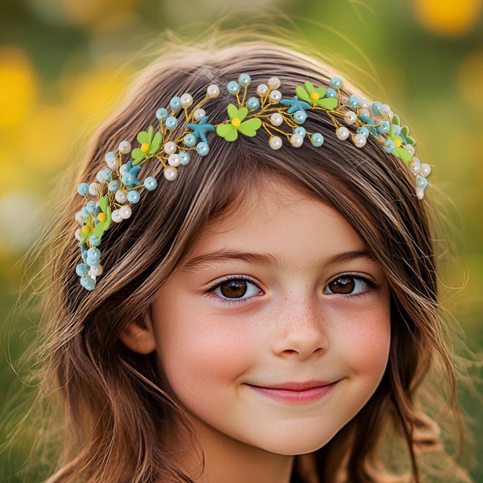 IYOU Flower Girl Headband Green Spring Flower Headpiece Pearl Starfish Communion Wedding Hair Accessories for Women and Girls