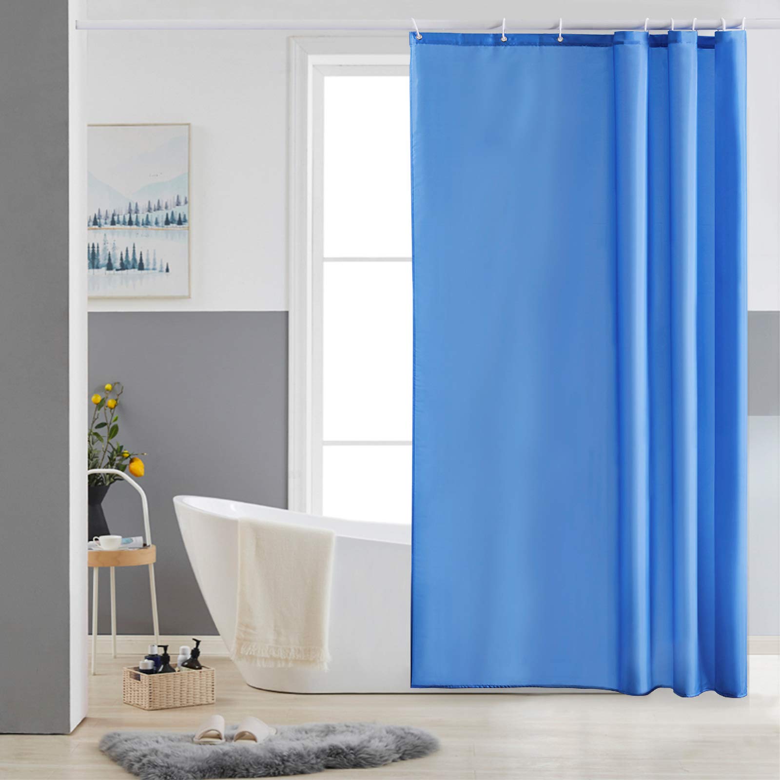 Furlinic Shower Curtain Mould Proof Water Resistant Washable Polyester Fabric Blue Bath Curtains with Weight Tape 8 Hooks for Wetroom 47x72 Inch 120x180cm.