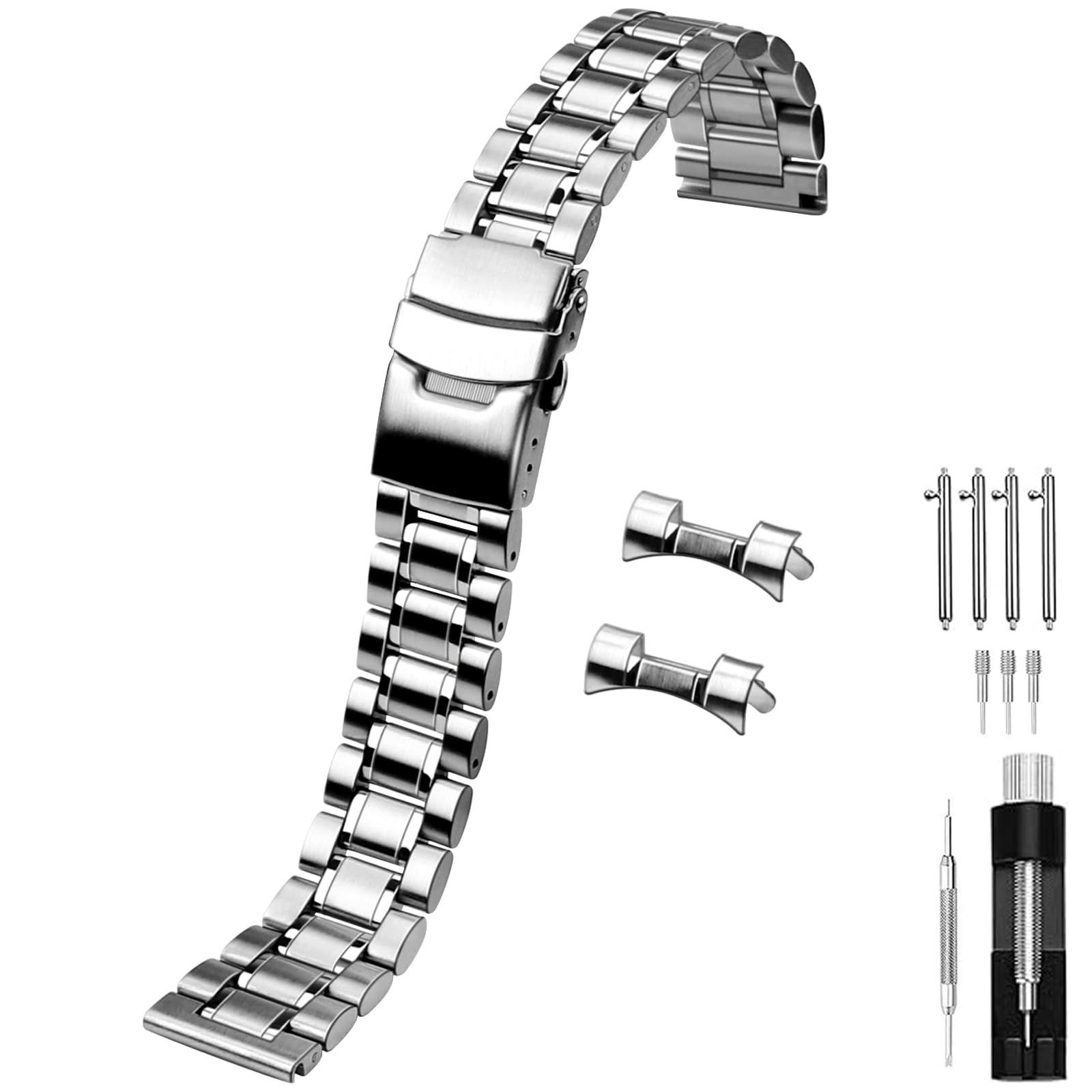 Juntan 20mm 22mm Stainless Steel Watch Band Curved End Straight End for Men Women Metal Watch Bands Strap Quick Release Replacement Bracelet with Double Folding Buckle Silver