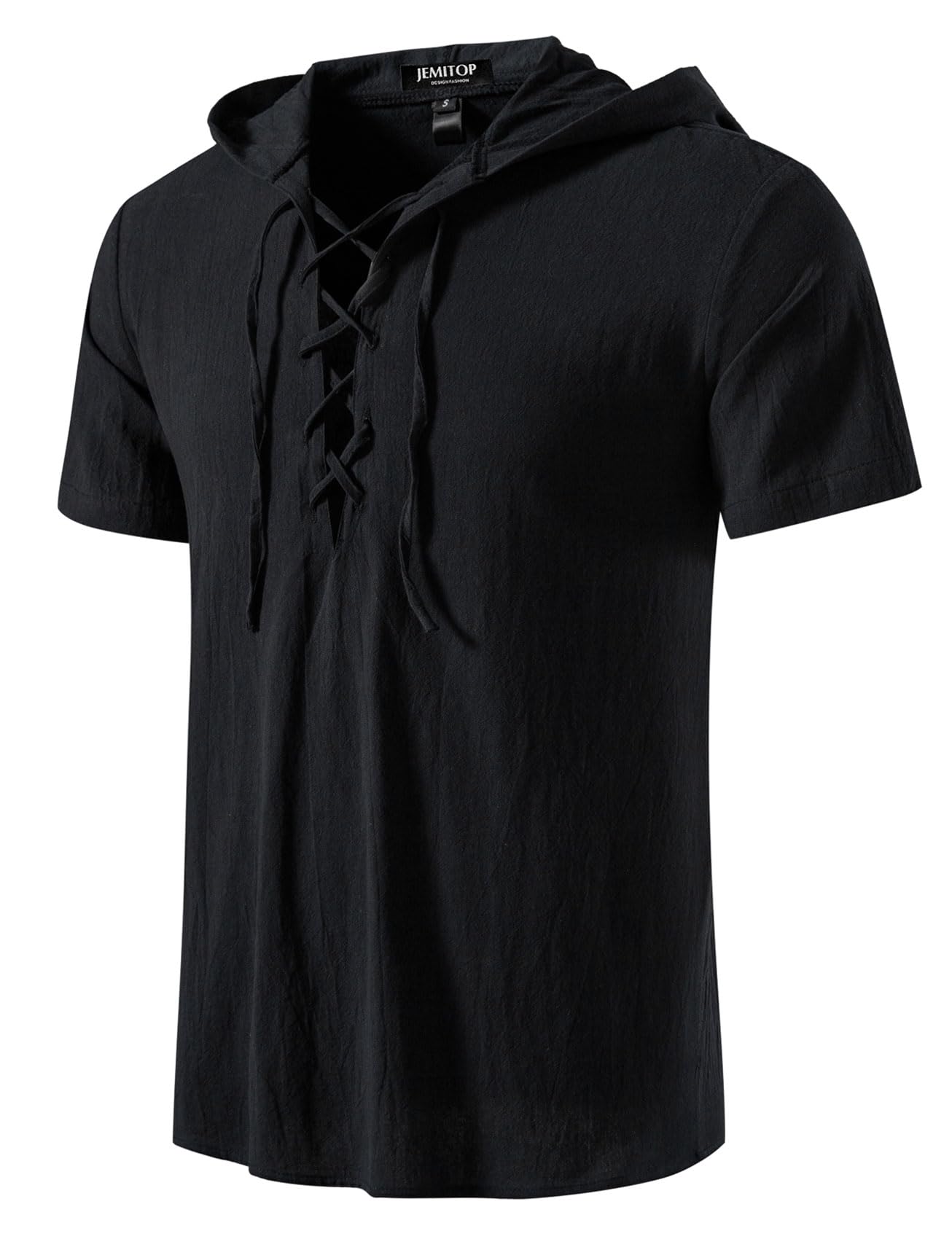 Photo 1 of JEMITOP Men's Vintage Renaissance Costume Hooded Short Sleeve Lace up Shirts for Pirate Viking Medieval Vampire Halloween Cosplay Clothing Black L
