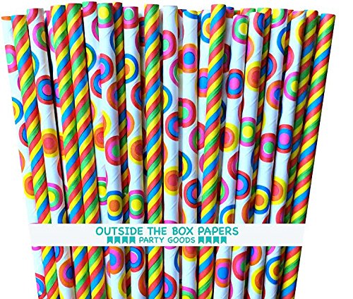 Outside the Box Papers Candy Themed Stripe and Patterned Paper Straws 7.75 Inches 100 Pack Yellow, Blue, Green, Pink, White