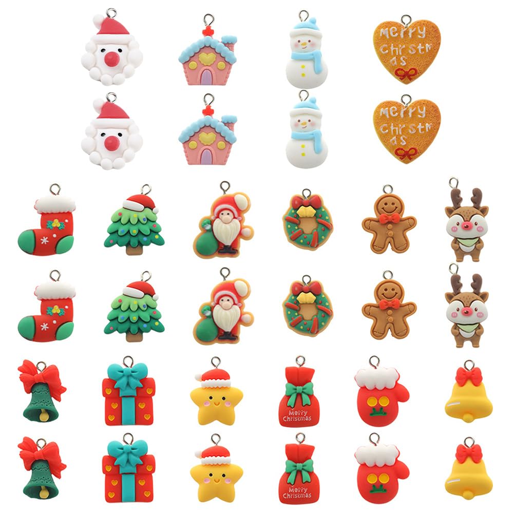 SUNNYCLUE 1 Box 32Pcs 16 Styles Christmas Charms Bulk Xmas Charm Resin Cartoon Gingerbread Man Tree Snowman Mixed Colorful Deer Pink House Charm for jewellery Making Charms Findings DIY Necklace