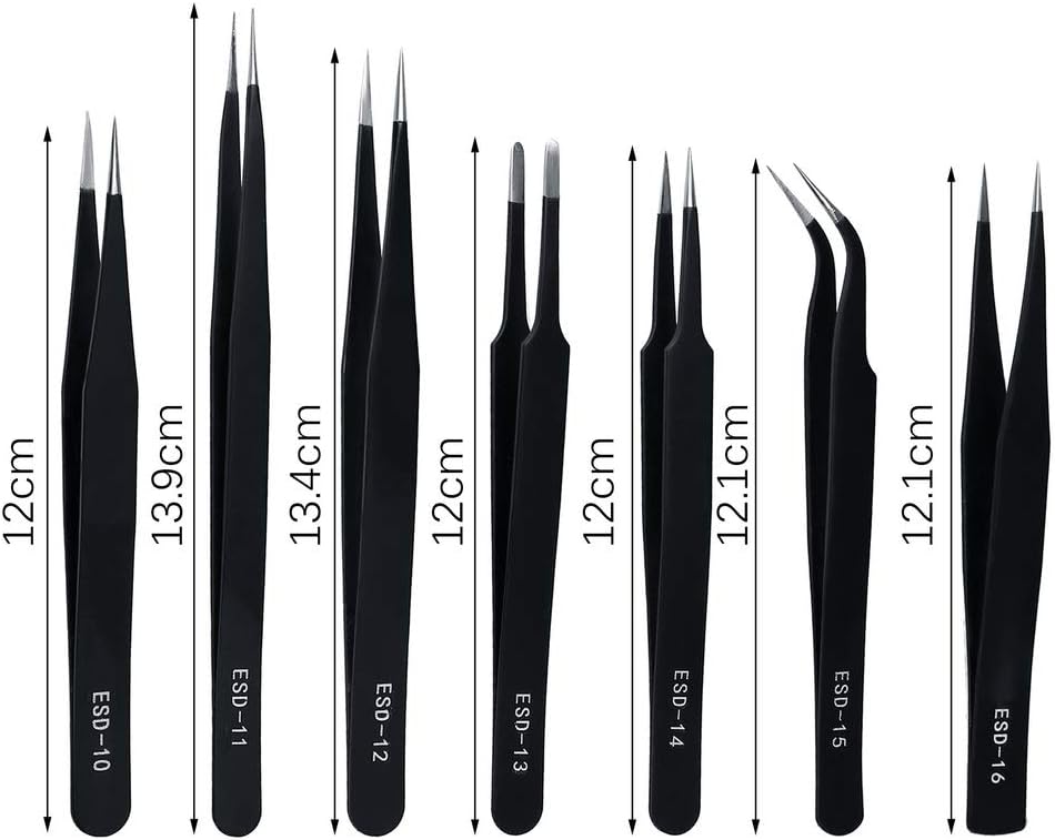 ZHIYE Precision ESD Anti-Static Tweezers, 7 pcs Stainless Steel Tweezers Set for Electronics Jewelry-Making, Laboratory Work - Image 3