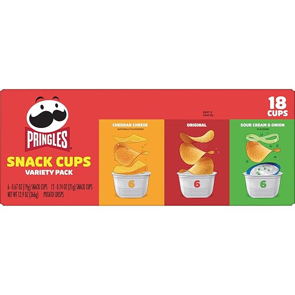 PRINGLES POTATO CRISPS CHIPS, LUNCH SNACKS, SNACK CUPS, VARIETY PACK, 12.9OZ BOX (18 CUPS)