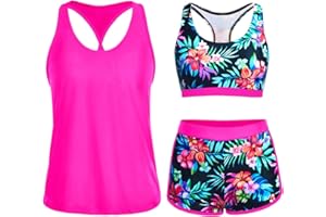 Yonique 3 Piece Athletic Tankini Swimsuits for Women with Shorts Swim Tank Tops with Sports Bra and Boyshorts Bathing Suits