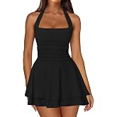IWD Women's Sexy Halter Mini Dress Backless Ruffle Party Short Dresses | Ruched Waist Corset Flowy A Line Going Out Dresses