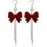 Christmas Bow Earrings for Women Red Bow Earrings with Gold Rhinestone Tassel Dangle Trendy Holiday Jewelry Gifts Perfect for Christmas Jewelry Gifts