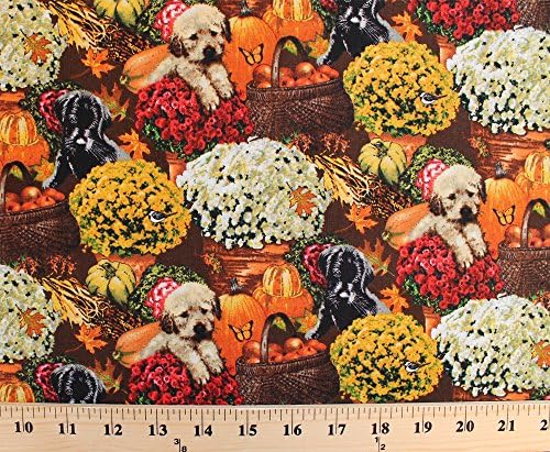 Cotton Autumn Bounty Dogs Puppy Puppies Black Labrador Retriever Fall Festival Flower Bouquets Pumpkins Apples Butterfly Fall Leaves Harvest Cotton Fabric Print by the Yard (4458-24783-mul1)