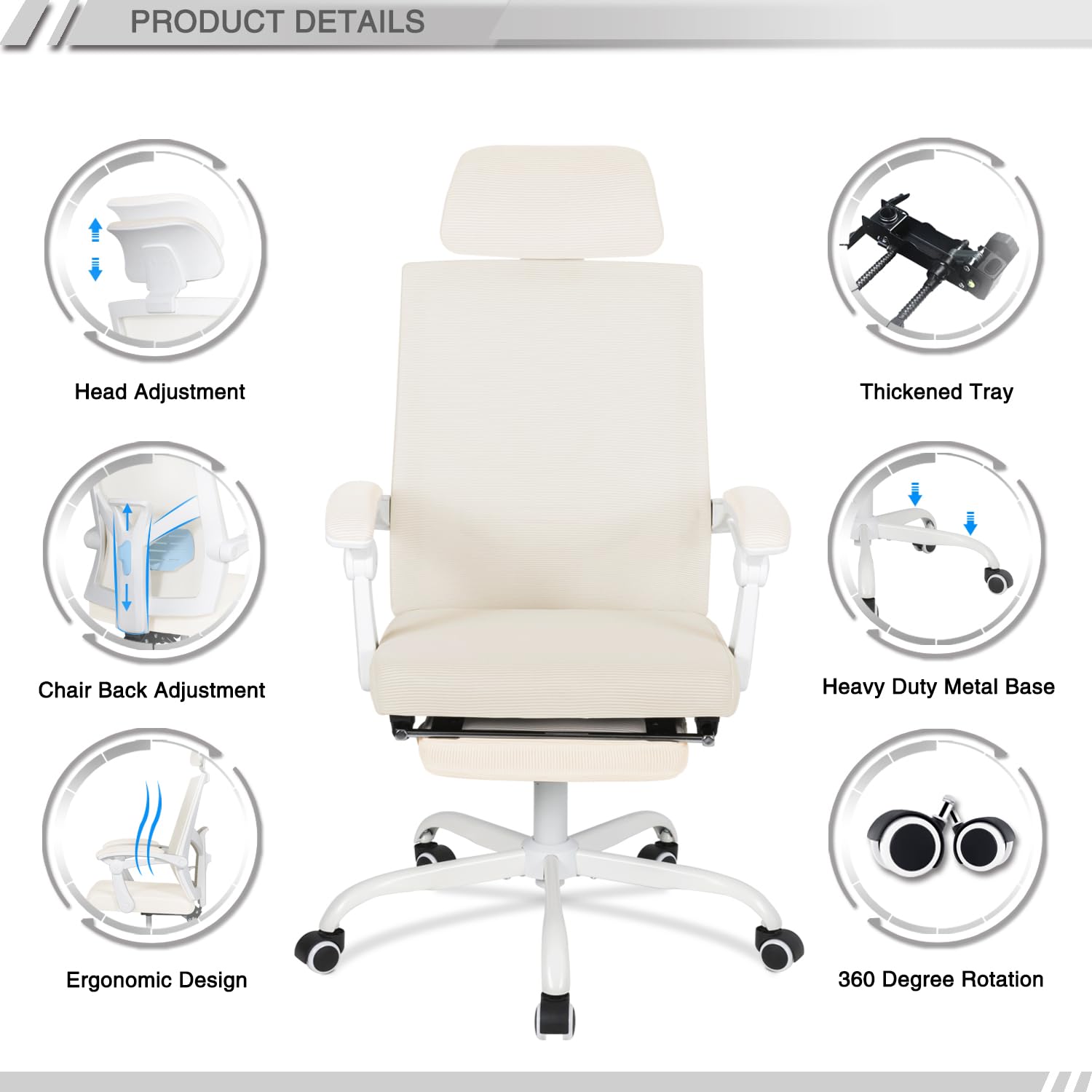 Qulomvs Mesh Ergonomic Office Chair with Footrest Home Office Desk Chair with Headrest and Backrest 90-135 Adjustable Computer Executive Desk Chair with Wheels 360 Swivel Task Chair - Image 7