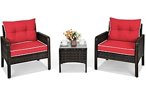 HAPPYGRILL 3 Pieces Patio Furniture Set Outdoor Rattan Wicker Coffee Table & Chairs Set with Seat Cushions Patio Conversation Set for Garden Balcony Backyard Poolside