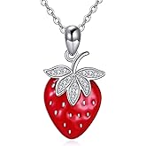 URONE Strawberry/Apple Necklace 925 Sterling Silver Strawberry/Apple Pendant Necklace Fruit Jewelry Gifts for Women