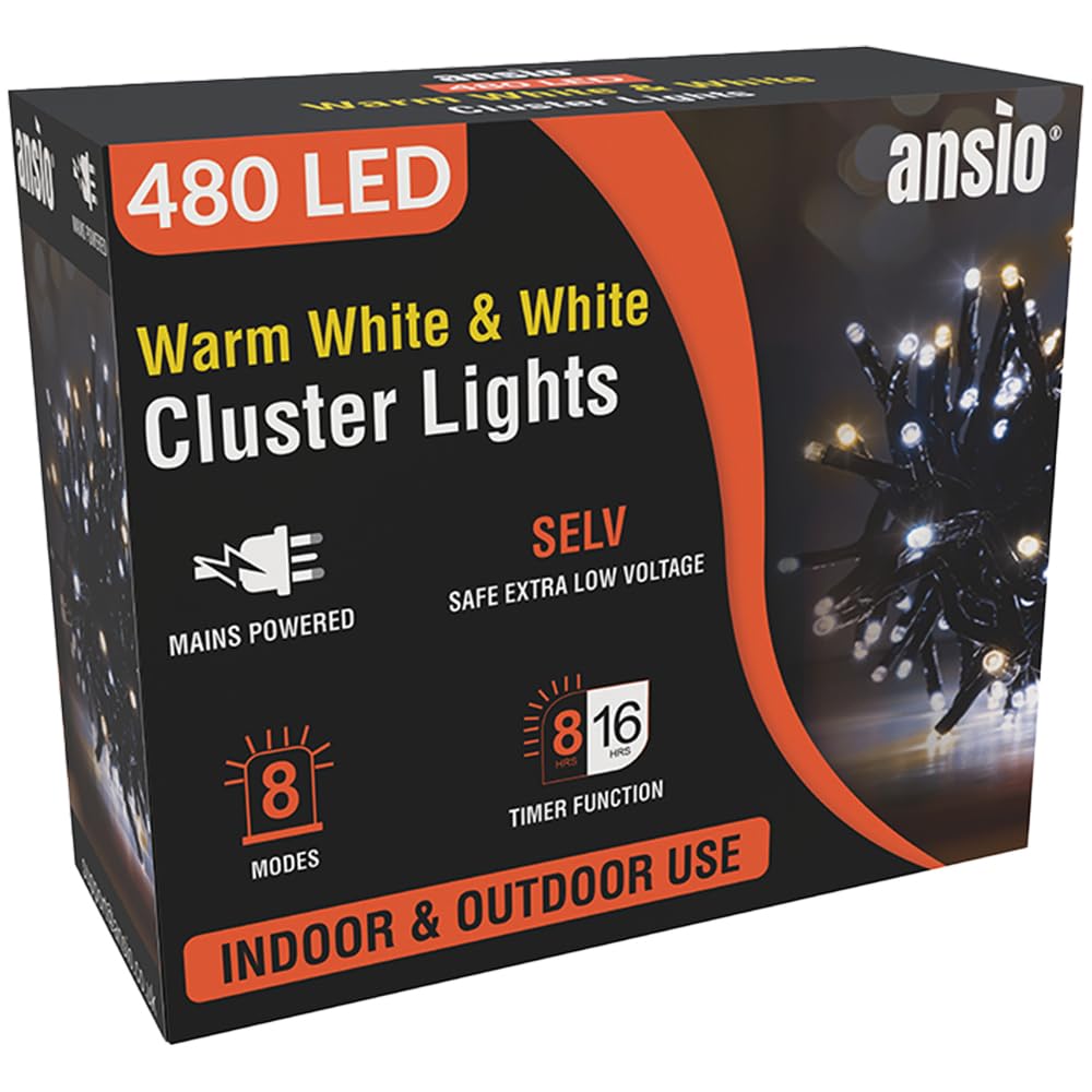 ANSIO® Christmas Lights 480 LED 6m/20ft Cluster Christmas Tree Lights for Indoor & Outdoor Warm White & Cool White Decorations Fairy Lights with Timer for Xmas Garden & Party | Mains Powered