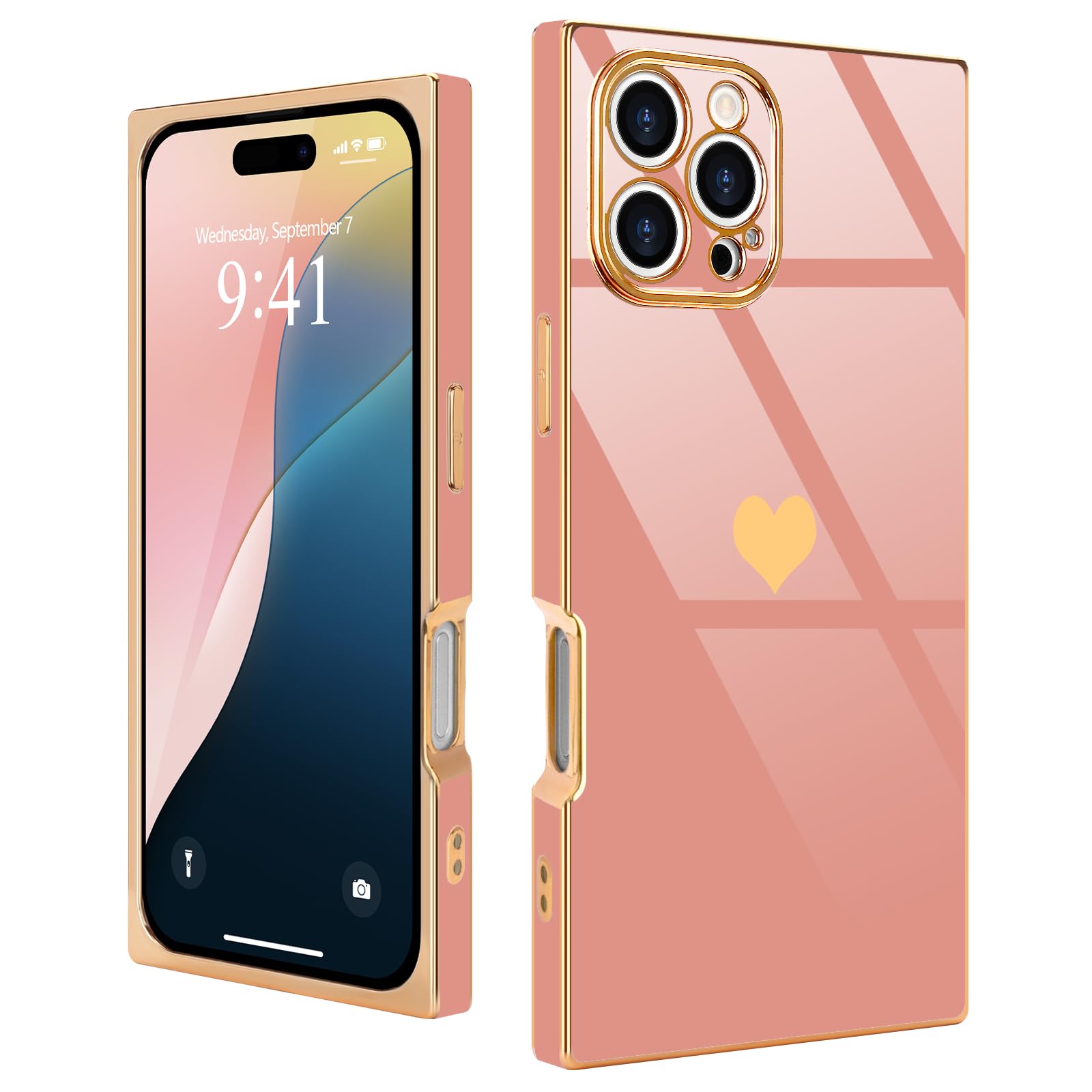 Urarssa for iPhone 16 Pro Max Case Cute Rectangle Heart Pattern Luxury Gold Plating Cases Women Girls Shockproof Bumper Silicone Protective Cover for iPhone 16 Pro Max, Pink