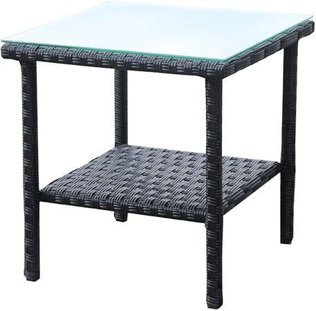 Amazon Com Rattaner Outdoor Pe Wicker Rattan Side Table Patio Rattan Garden Coffee End Square Table With Glass Top 2 Layer Table Furniture Black Garden Outdoor