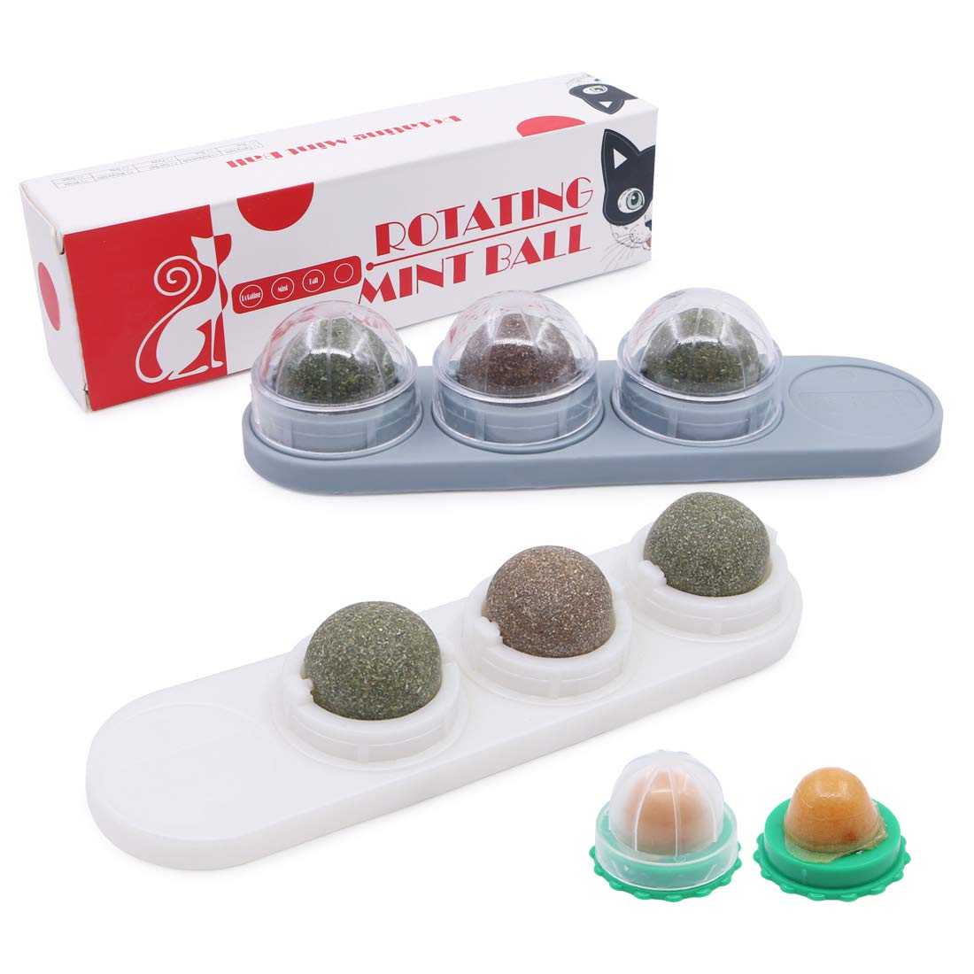 Boerni 2 Pack Catnip Wall Ball for Cats,4 in 1 Natural Catnip Stick-on Wall Rotatable Licking Treats Toy with Cat Snack Candy(White+Grey)