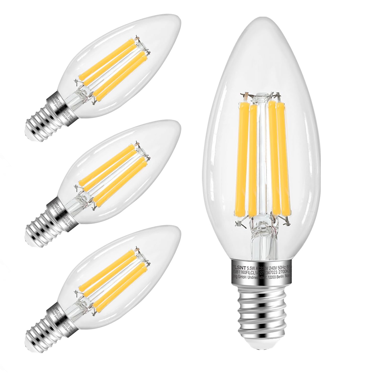 FLSNT E14 LED Light Bulb 60W Equivalent, 5.5W Small Edison Screw E14 Candle Bulbs, C35 LED Filament SES Bulb 2700K Warm White, 810LM, Clear Glass, Non-Dimmable, Pack of 4 โ image 1