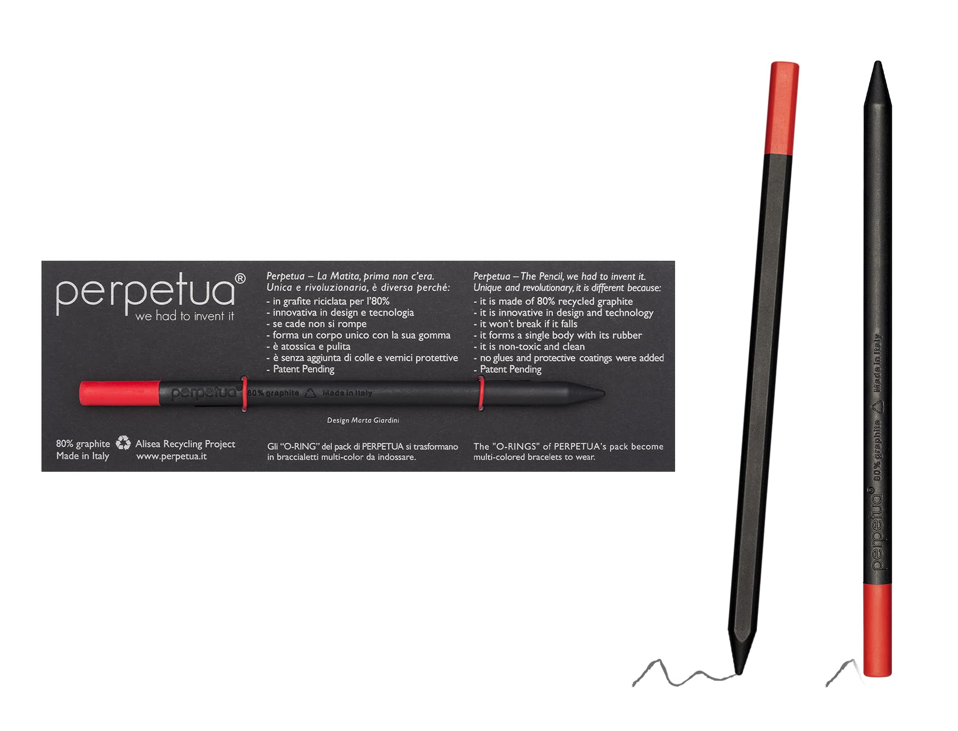 Perpetua Eco Drawing Sketching Pencil Red Eraser - Artist Recycled Graphite Pencil With Non-Toxic Rubbers Erasers - Made In Italy Design And Technology For Writing And Drawing