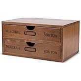 Flexzion Wooden Desktop Office Supplies Organizer with 2 Storage Drawers Set, 2-Tier Wood Tabletop Cabinet, Countertop Desk A