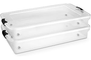 HOMZ 2-Pack Under Bed Storage, Clear Plastic Containers with Lids, 60 Quart, Gray Latch - Stackable Underbed Organizer Bins for Shoes, Bags, Clothes, and Towels