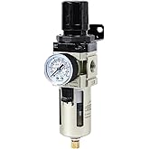 SNS Compressed Air Filter Regulator Piggyback Combo 3/8''NPT- Poly Bowl with Metal Guard, Semi-auto Drain, Bracket, Gauge AW3000-N03A